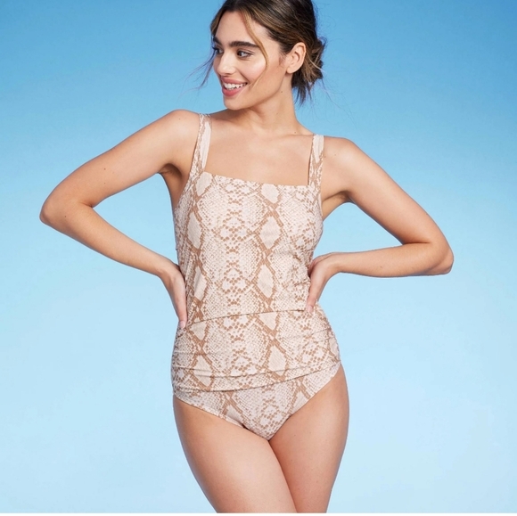 Women's Square Neck Ruched Medium Coverage One Piece Swimsuit - Kona Sol L(12-14 - Picture 1 of 15